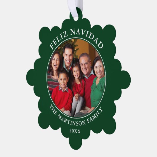 Modern Green Feliz Navidad Foto Ornament Karte (Linke Ecke)