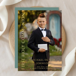 Modern Green Foto Boy First Communion Gold Folieneinladung