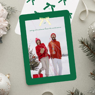 Modern Green Frame Christmas Gold Bow Foto Folien Feiertagskarte