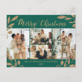 Modern Green Gold Blätter FotoCollage Weihnachten Postkarte (Vorderseite)