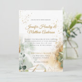 Modern Green Gold Botanical Geometric Wedding Einladung (Stehend Vorderseite)