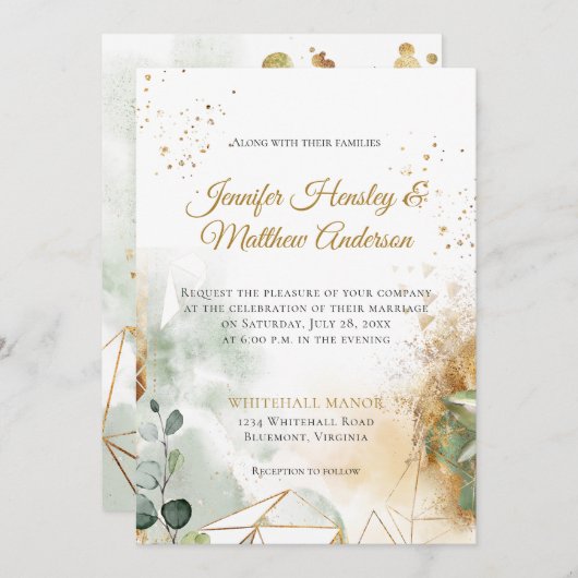 Modern Green Gold Botanical Geometric Wedding Einladung (Vorne/Hinten)