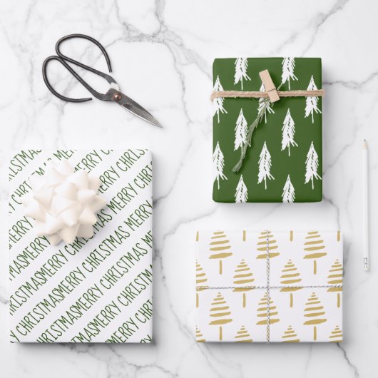 Modern Green & Gold Frory Weihnachtsbaume Geschenkpapier Set (Vorderseite)