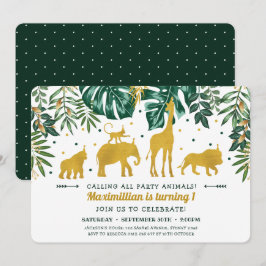 Modern Green & Gold Safari Tiere 1. Geburtstag Einladung