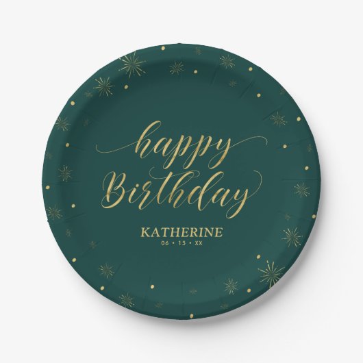 Modern Green & Gold Sparkle Happy Birthday Party Pappteller (Vorderseite)