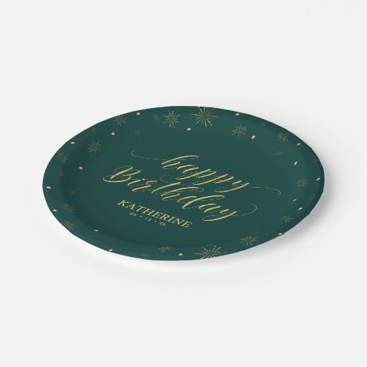 Modern Green & Gold Sparkle Happy Birthday Party Pappteller (Schrägansicht)