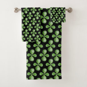 Modern Green Jade Tree Blätter auf Black Badhandtuch Set