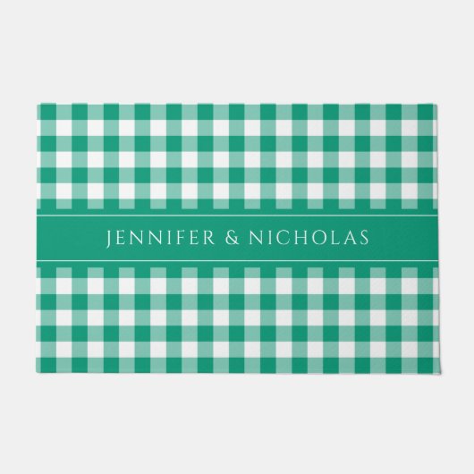 Modern Green Kariert Gingham Name Fußmatte (Vorderseite)
