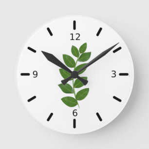 Modern Green Laurel Plant Leaves on White Runde Wanduhr