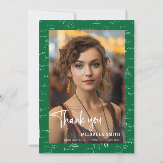 Modern Green Math Script Photo Graduation Dankeskarte (Vorderseite)