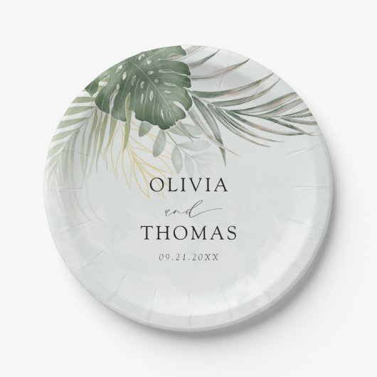 Modern Green Monstera Tropical Wedding Pappteller (Vorderseite)