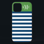 Modern Green Navy Streifen Custom Monogram iPhone 12 Hülle<br><div class="desc">Dress up and protect your iphone with a simple,  modern and stylish striped pattern design that is custom mit Monogramm with your first,  mittel and last name initials in a preppy serif Schriftart. Dunkelmarineblau und weiße horizontale Streifen kontrastiert mit einem olivgrüne Farbe Block Hintergrund.</div>