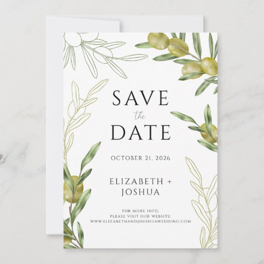 Modern Green Olive Branch Save the Date Karte (Vorderseite)
