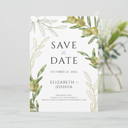 Modern Green Olive Branch Save the Date Karte (Stehend Vorderseite)