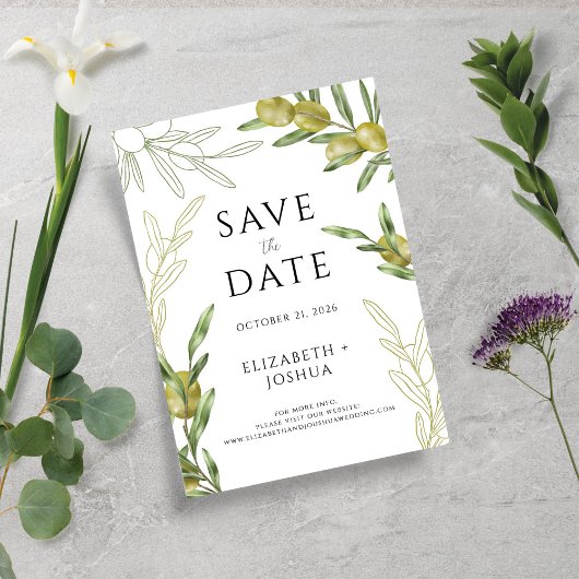 Modern Green Olive Branch Save the Date Karte