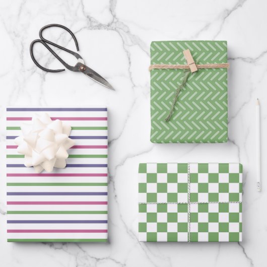 Modern Green, Pink, Blue Stripes, Green Checkered Geschenkpapier Set (Vorderseite)