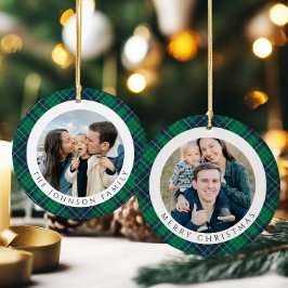 Modern Green Plaid Photo Christmas Keramik Ornament