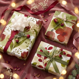 Modern Green Red Botanical Floral Watercolor Geschenkpapier Set