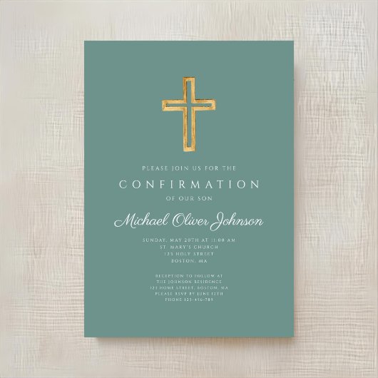 Modern Green Religious Cross Boy Confirmation Einladung
