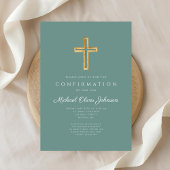 Modern Green Religious Cross Boy Confirmation Einladung