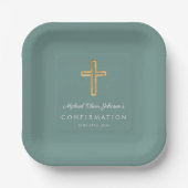 Modern Green Religious Cross Boy Confirmation Pappteller (Vorderseite)