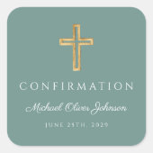 Modern Green Religious Cross Boy Confirmation Quadratischer Aufkleber (Vorderseite)
