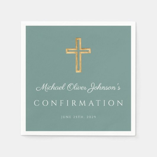 Modern Green Religious Cross Boy Confirmation Serviette (Vorderseite)