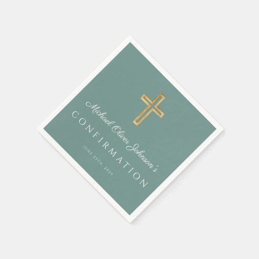 Modern Green Religious Cross Boy Confirmation Serviette (Ecke)