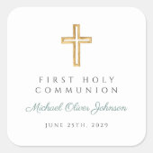 Modern Green Religious Cross Boy First Communion Quadratischer Aufkleber (Vorderseite)