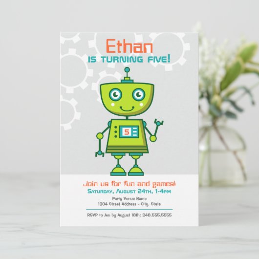 Modern Green Robot Boys Birthday Party Einladung (Stehend Vorderseite)