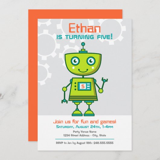Modern Green Robot Boys Birthday Party Einladung (Vorne/Hinten)