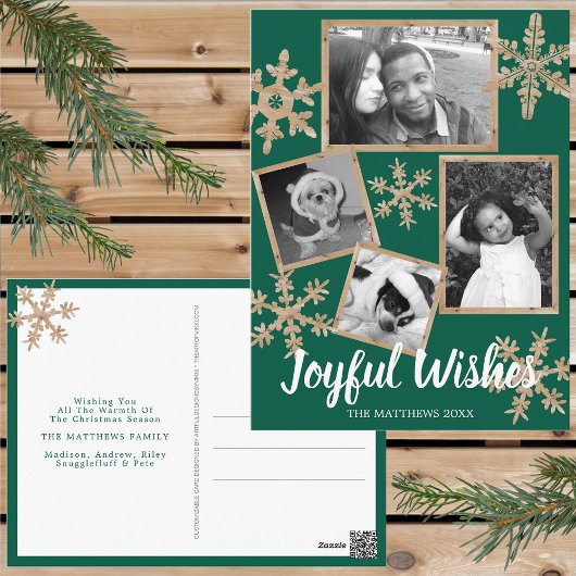 Modern Green Rustic Snowflake 4 Foto Weihnachten Postkarte