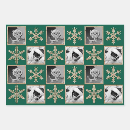Modern Green Rustic Snowflake Monogram Foto Geschenkpapier Set (Vorderseite)