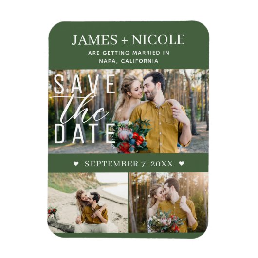 Modern Green Save the Date Wedding 3 Fotos Magnet (Vertikal)