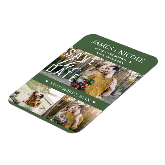 Modern Green Save the Date Wedding 3 Fotos Magnet (Linke Seite)
