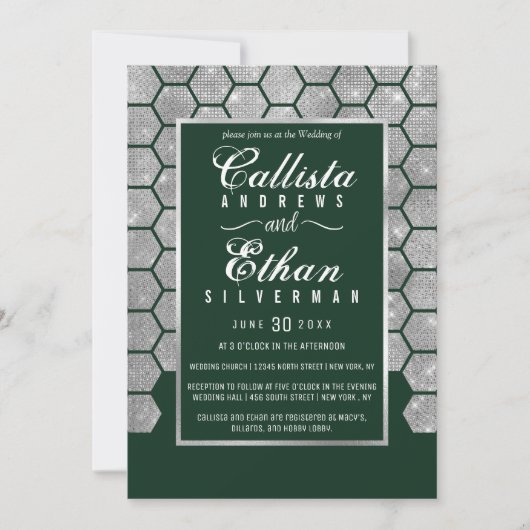 Modern Green Silver Glitzer Hexagon Geo Wedding Einladung (Vorderseite)