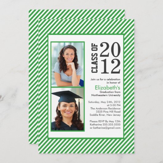 Modern Green Strips Foto Abschluss Einladung (Vorne/Hinten)