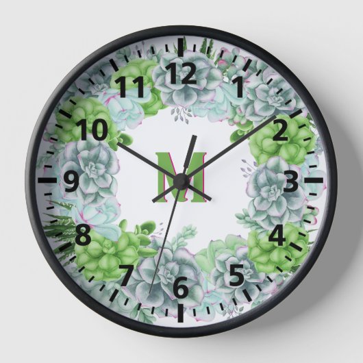 Modern Green Succulator floral monogram m Uhr (Vorderseite)