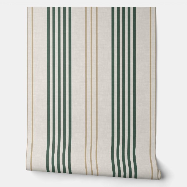 Modern Green Ticking Stripe Linen Texture Tapete (Abrollen)