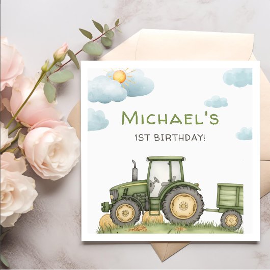 Modern Green Tractor 1st Birthday Party Serviette