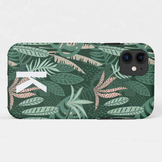 Modern Green Tropical Blätter Pattern Monogram Case-Mate iPhone Hülle (Rückseite (Horizontal))