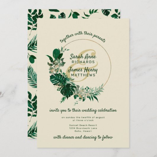 Modern Green Tropical Leaf Circle Wreath Wedding Einladung (Vorne/Hinten)