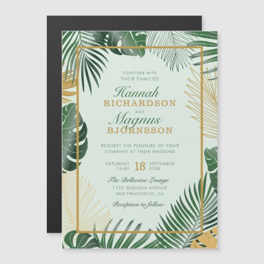 Modern Green Tropical Palm Blätter Trendy Wedding Magneteinladung (Vorne/Hinten)