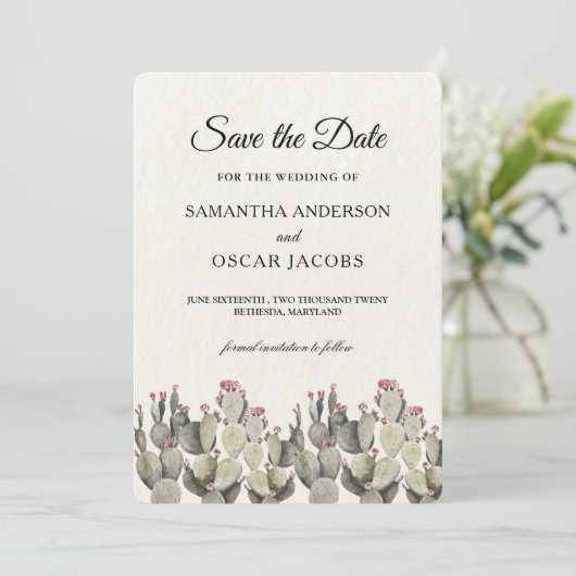 Modern Green Watercolor Cactus Save The Date (Stehend Vorderseite)