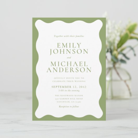Modern Green Wavy Frame Wedding Invitation Einladung (Stehend Vorderseite)