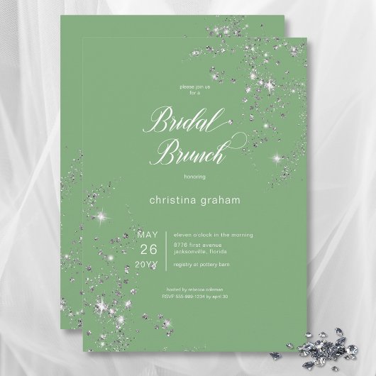 Modern Green & White Glam Diamonds Bridal Brunch Einladung