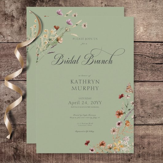 Modern Green Wildblume Bouquet Bridal Brunch Einladung