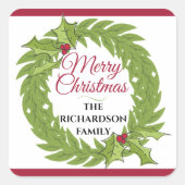 Modern Green Wreath Merry Christmas Personalized Quadratischer Aufkleber (Vorderseite)