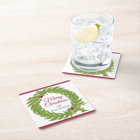Modern Green Wreath Merry Christmas Personalized Rechteckiger Pappuntersetzer (Vor Ort)