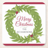 Modern Green Wreath Merry Christmas Personalized Rechteckiger Pappuntersetzer (Vorderseite)